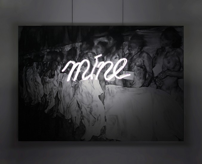 Certej [wym. czerteż] (jest) Mój | węgiel na płótnie | 150 x 200 cm, neon, 30 x 70 cm